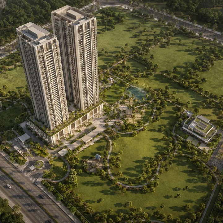 Brigade Banashankari aerial view of the two towers on 9 acres 1 gunta at Uttarahalli, with 63% of the net site under landscape